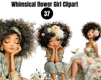 37 PNG Whimsical Flower Girl Clipart Bundle, Girl & Flower Spring, Nursery, Funny Quirky Girl Ephemera, Watercolor Floral, Trendy Curly Hair