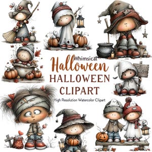 Op de afbeelding: Een verzameling grillige Halloween-thema aquarel clipart. De illustraties tonen schattige personages in kostuums, pompoenen en andere feestelijke elementen. De tekst "Whimsical Halloween Clipart" wordt weergegeven.