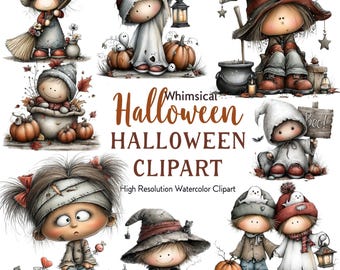 Whimsical Halloween Ghost Clipart Bundle, Watercolor PNG, Witch Hat Ghosts, Spooky Pumpkins, Fall Decor, Autumn Printables,digital download
