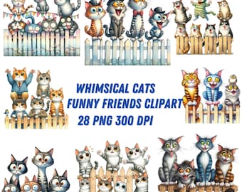 Quirky Cats Clipart Collectie – Grappige Waterverf Kattenillustraties (22 PNG Afbeeldingen), Speelse Kattenkunst, Digitale Download