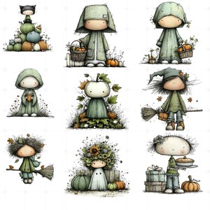 May include: A collection of whimsical illustrations featuring adorable characters in autumnal settings. Each figure is depicted with a unique design, surrounded by pumpkins, leaves, and other fall-themed elements. The color palette includes soft greens, oranges, and browns.