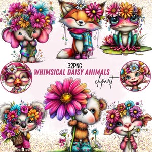 Pode incluir: Uma coleção de cliparts de animais caprichosos com margaridas. A imagem apresenta um elefante rosa, uma raposa, um sapo, um pato, um coala, um urso e uma cabra, todos adornados com coroas de flores de margaridas e segurando flores. O texto "32PNG Whimsical Daisy Animals clipart" também está incluído.
