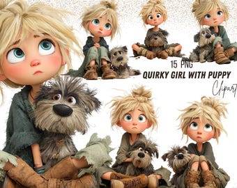 Cute Girl with Puppy Clipart Bundle 40 PNG Watercolor Girls & Dogs PNG Files Whimsical for Nursery Watercolor PNG Bundle for Sublimation