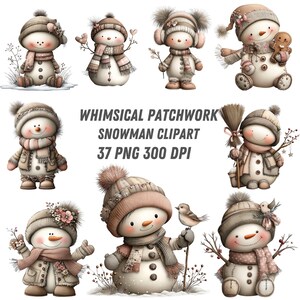 Puede incluir: Una colección de ilustraciones de muñecos de nieve caprichosos en varias poses, con sombreros, bufandas y abrigos en colores suaves y neutros. La imagen incluye el texto "Whimsical Patchwork Snowman Clipart 37 PNG 300 DPI."
