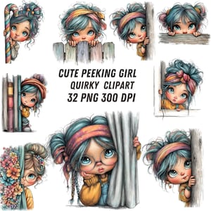 Op de afbeelding: Een verzameling aquarel illustraties met een schattig glurend meisje met blauw haar en een hoofdband. Het meisje piekt achter verschillende objecten vandaan, waaronder een hek, boeken en een gordijn. De tekst "Cute Peeking Girl Quirky Clipart" is zichtbaar.