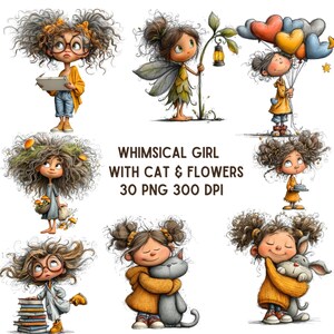 Puede incluir: Ilustraciones caprichosas de chicas de dibujos animados con pelo rizado, sosteniendo objetos como globos, un gato y flores. También está presente el texto "WHIMSICAL GIRL WITH CAT & FLOWERS 30 PNG 300 DPI".
