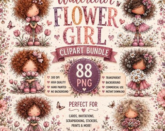 Whimsical Little Flower Girls Clipart Bundle | 88 PNG Images | Digital Download
