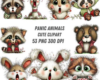 53 akvarell panik söta djur clipart bunt, roliga djur bunt, söta djur clipart, akvarell djur clipart, barnkammartryck PNGs