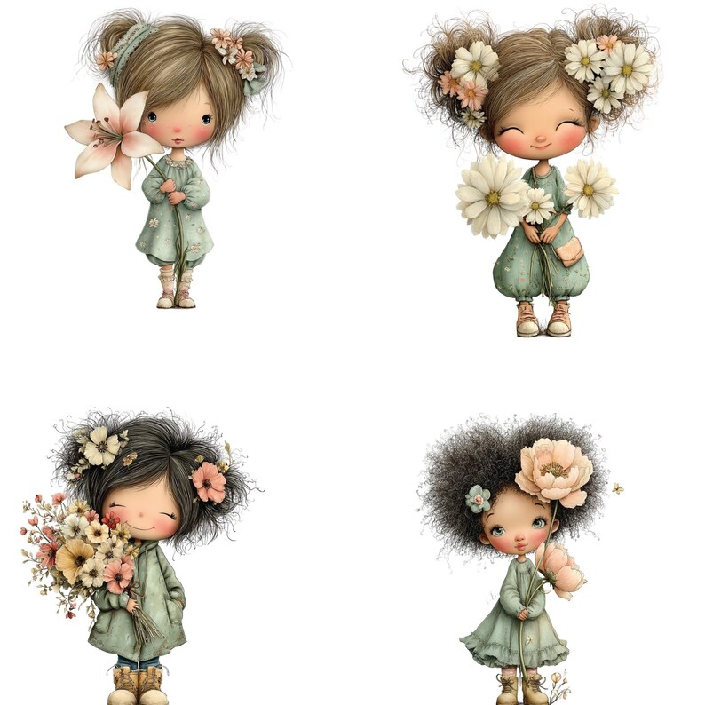 Whimsical Girls and Flowers Clipart PNG Bundle, Cute Floral Girl ...
