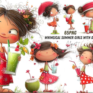 May include: Whimsical illustration of summer girls with drinks. The image features several cartoon girls in colorful dresses, holding refreshing beverages. The text "65PNG Whimsical Summer Girls With Drinks" is displayed.