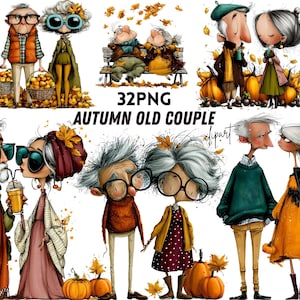 May include: A collection of digital illustrations featuring elderly couples in autumn-themed attire, including sweaters, scarves, and glasses, surrounded by pumpkins and falling leaves, with the text 32PNG AUTUMN OLD COUPLE displayed centrally.