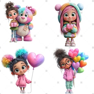 May include: Four cartoon illustrations of young girls. One girl holds a pink gift box, another holds a heart-shaped balloon, and a third holds a heart-shaped sign that says "Love". The fourth girl holds a bouquet of heart-shaped balloons.