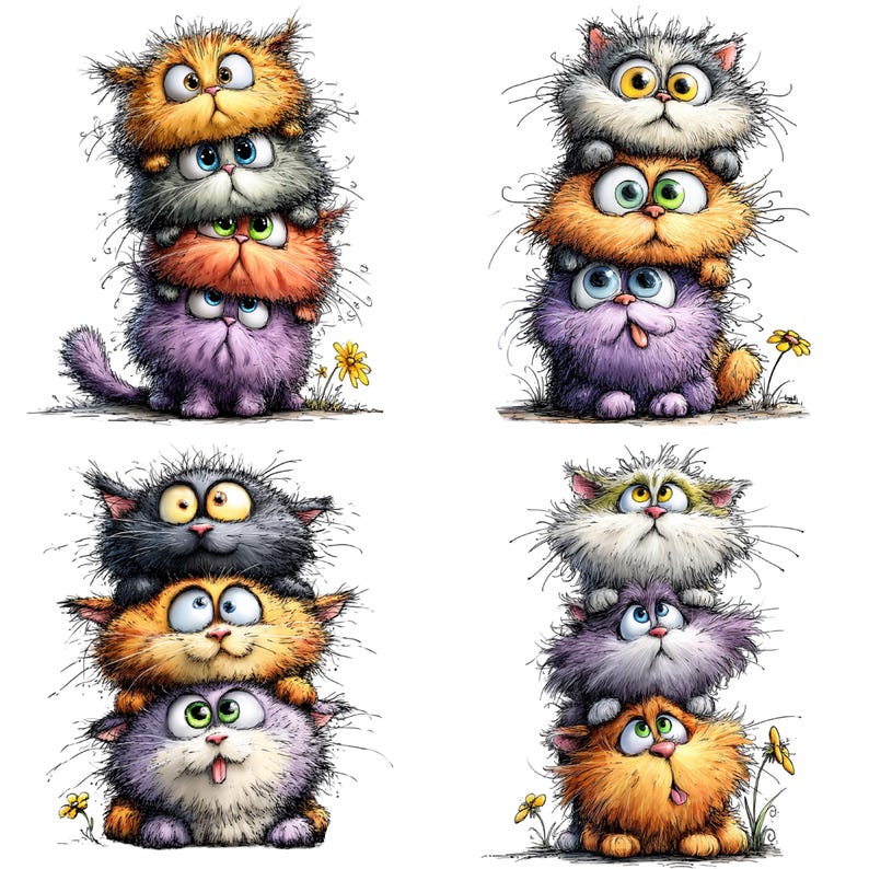 Funny Quirky Cats PNG Bundle | Cute Cartoon Cat Clipart | Whimsical Cat ...