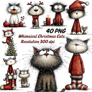 Op de afbeelding: Een verzameling grillige kerstkattenillustraties. De katten worden afgebeeld in verschillende poses en outfits, waaronder kerstmutsen en sjaals. De afbeelding bevat de tekst "40 PNG Whimsical Christmas Cats Resolution 300 dpi."