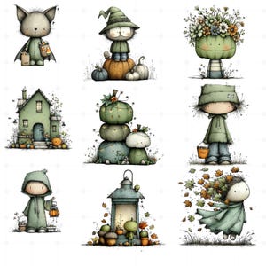 May include: A collection of whimsical illustrations featuring cartoon characters and autumnal elements. The images include a bat-like creature, a figure in a witch hat, a pumpkin-headed character, a green house, stacked pumpkins, and a figure with a bucket.