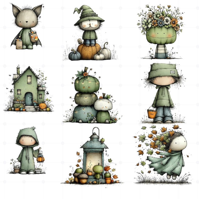 May include: A collection of whimsical illustrations featuring cartoon characters and autumnal elements. The images include a bat-like creature, a figure in a witch hat, a pumpkin-headed character, a green house, stacked pumpkins, and a figure with a bucket.