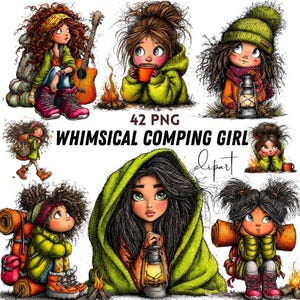 Grillige Camping Meisje Clipart – Eigenzinnige Backpacker Waterverf JPG Set | Commercieel Gebruik