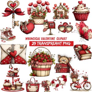 Könnte beinhalten: Eine Sammlung skurriler Valentinstag-Clipart-Elemente mit Herzen, Blumen und anderen romantischen Elementen. Enthält einen Schlüssel mit herzförmigem Aufsatz, einen Korb mit Erdbeeren, einen Cupcake und ein rotes Fahrrad. Der Text "WHIMSICAL VALENTINE CLIPART" und "29 TRANSPREANT PNG" sind ebenfalls sichtbar.