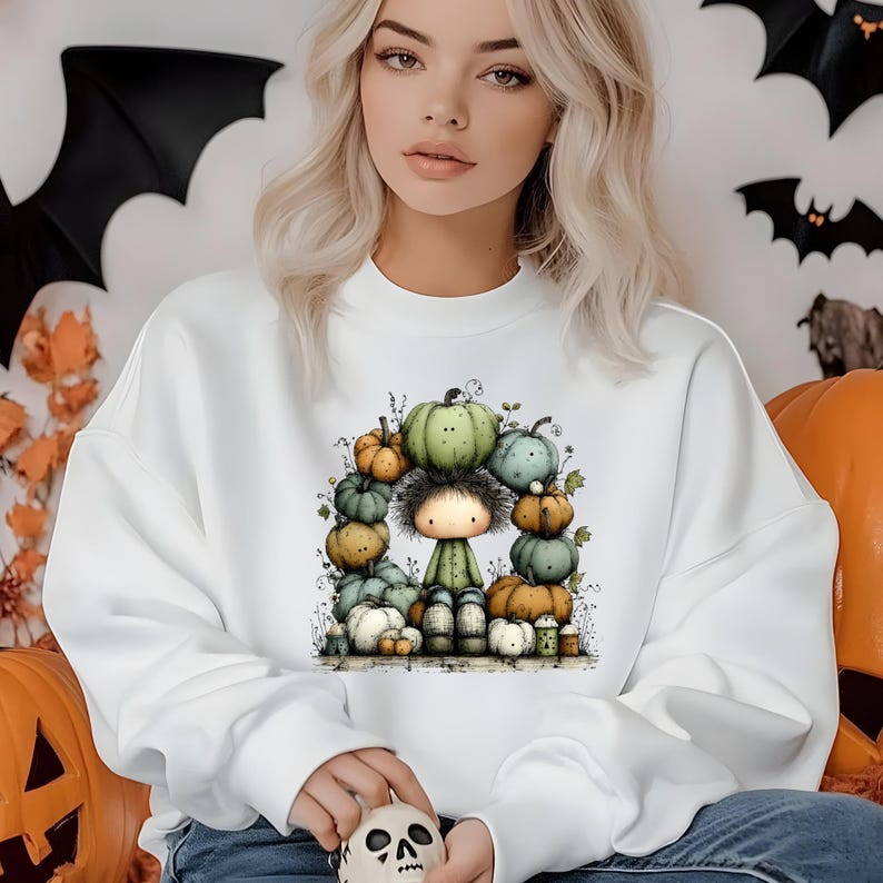 May include: White sweatshirt featuring a whimsical illustration of a cartoon figure surrounded by a stack of pumpkins in various colors. The design includes green, orange, and white pumpkins, creating a festive autumn theme.