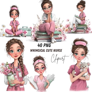 May include: A digital illustration of several nurses in pink scrubs, each with a unique pose. Some nurses are holding flowers, books, or medical supplies. The image includes the text "40 PNG Whimsical Cute Nurse Clipart", perfect for digital art projects.