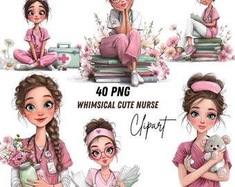 Whimsical Nurse Clipart - 40 Medical Girls Digital Download PNG Art for Planner Stickers & Hospital Appreciation