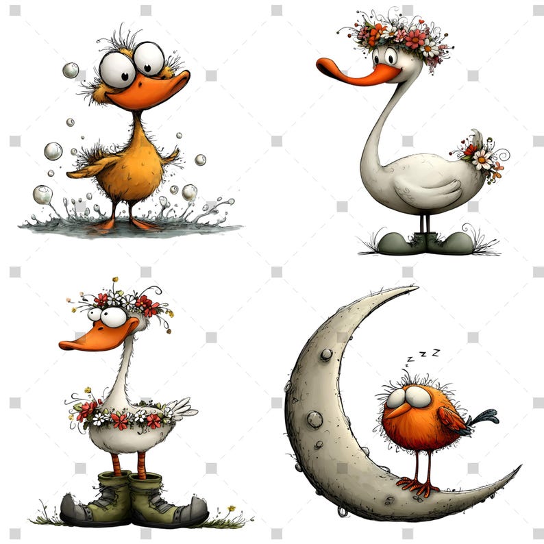 K&ouml;nnte beinhalten: Eine skurrile Illustration mit vier Cartoon-Charakteren. Eine gelbe Ente planscht im Wasser, ein wei&szlig;er Schwan tr&auml;gt einen Blumenkranz, ein weiterer Schwan tr&auml;gt einen Blumenkranz und Stiefel, und ein orangefarbener Vogel schl&auml;ft auf einem Halbmond. Alle Charaktere haben &uuml;bertriebene Merkmale.