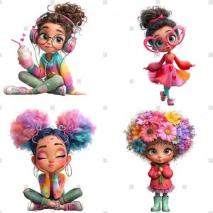May include: Four cartoon illustrations of girls. One girl wears headphones and glasses, holding a drink. Another wears heart-shaped glasses and a dress. A third has colorful hair and is sitting cross-legged. The last girl has a flower crown.