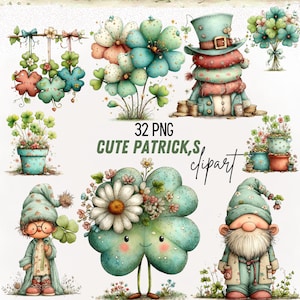 Op de afbeelding: Een verzameling digitale clipart met een thema van St. Patrick's Day. De afbeelding toont verschillende illustraties van klavers, kabouters en bloemstukken in groen, blauw en roze tinten. De tekst op de afbeelding luidt "32 PNG CUTE PATRICK'S clipart."