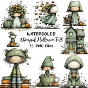 May include: Watercolor illustrations featuring whimsical Halloween and fall themes. The images include figures with autumn-themed hair, cloaks, and hats, along with pumpkins, a house, and the text "Watercolor Whimsical Halloween Fall 31 PNG Files."