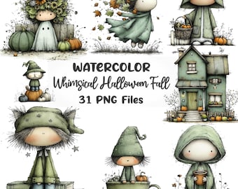 Whimsical Halloween Ghost Clipart Bundle, Watercolor PNG, Witch Hat Ghosts, Spooky Pumpkins, Fall Decor, Autumn Printables,digital download