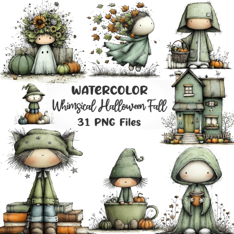 May include: Watercolor illustrations featuring whimsical Halloween and fall themes. The images include figures with autumn-themed hair, cloaks, and hats, along with pumpkins, a house, and the text "Watercolor Whimsical Halloween Fall 31 PNG Files."