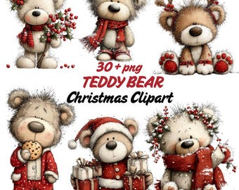 Christmas Teddy Bear Clipart: Festive Holiday Graphics (Digital Download - 30 PNGs)