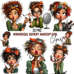 Puede incluir: Una colección de imágenes prediseñadas de chicas de maquillaje caprichosas y extravagantes. Las ilustraciones presentan chicas con cabello rizado, que usan cintas para la cabeza y se maquillan. Las imágenes están en varias poses, con diferentes expresiones y herramientas de maquillaje. Se incluye el texto "30 PNG" y "Whimsical Quirky Makeup Girl Clipart".