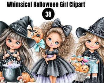 Quirky Halloween Witch PNG Bundle, Cute Witch Clipart, Cottagecore Halloween, Whimsical halloween Girl PNG, Digital Download