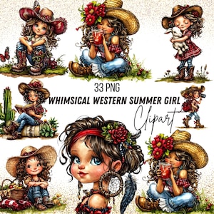 Puede incluir: Ilustraciones en acuarela de chicas de verano del oeste caprichosas. Cada chica lleva un sombrero de vaquero y vaqueros, participando en diversas actividades. La imagen incluye el texto "33 PNG Whimsical Western Summer Girl Clipart."