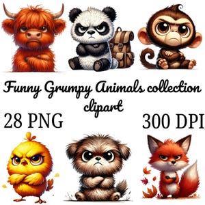 Puede incluir: Una colección de seis imágenes de dibujos animados de animales gruñones, incluyendo una vaca de las Tierras Altas, un panda, un mono, un pollito, un perro y un zorro. Se muestra el texto "Funny Grumpy Animals collection clipart", junto con "28 PNG" y "300 DPI".