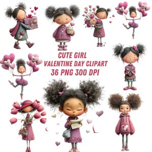 Könnte beinhalten: Eine Sammlung von niedlichen Mädchen-Valentinstag-Clipart-Bildern. Die Illustrationen zeigen Mädchen, die Geschenke, Blumen, Cupcakes und Luftballons halten. Der Text "CUTE GIRL VALENTINE DAY CLIPART 36 PNG 300 DPI" ist rot dargestellt.
