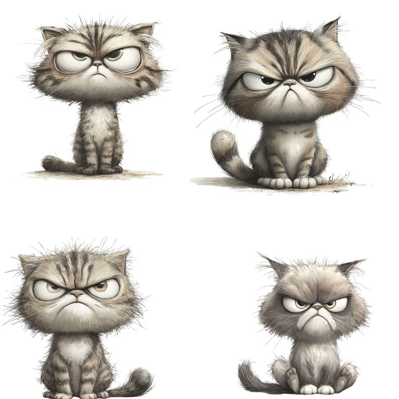 May include: Four cartoon illustrations of grumpy cats with furrowed brows and angry expressions. The cats have various shades of gray and brown fur, with detailed shading and exaggerated features. Each cat is sitting upright.