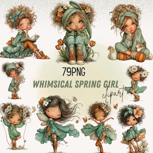 Könnte beinhalten: Eine Sammlung skurriler Illustrationen mit Mädchen in Frühlingskleidung. Die Bilder zeigen Mädchen mit floralen Akzenten, Schmetterlingen und Frühlingsmotiven. Der Text auf dem Bild lautet "79PNG WHIMSICAL SPRING GIRL clipart."
