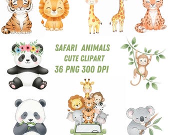Safari Animals Watercolor Clipart: Jungle Zoo PNG (Digital Download - 35 PNGs)