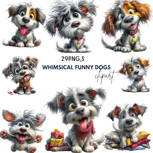 Op de afbeelding: Een verzameling illustraties van honden in cartoonstijl met expressieve gezichten en verschillende kleuren. De tekst op de afbeelding luidt "29PNG,S WHIMSICAL FUNNY DOGS clipart."
