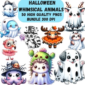 Peut inclure: Un ensemble d'art numérique présentant des animaux d'Halloween fantaisistes. L'image comprend un fantôme, un dauphin, un flamant rose, un lémurien, un orignal, un paresseux, une pieuvre, un hérisson et un chien. Le texte indique "Halloween Whimsical Animals 50 High Quality PNGs Bundle 300 DPI."
