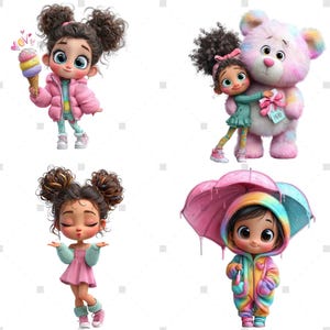 May include: Four cartoon illustrations of young girls. One girl holds an ice cream cone, another hugs a pink teddy bear, a third has her arms out, and the last one holds a rainbow umbrella. All are wearing colorful outfits.