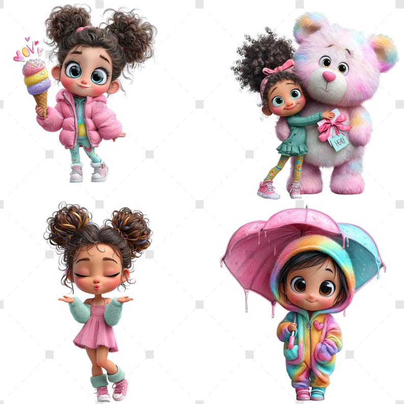 May include: Four cartoon illustrations of young girls. One girl holds an ice cream cone, another hugs a pink teddy bear, a third has her arms out, and the last one holds a rainbow umbrella. All are wearing colorful outfits.