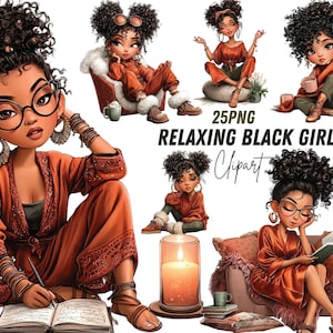 Peut inclure: Ensemble d'illustrations numériques de jeunes filles noires dans des poses relaxantes. Elles portent des tenues orange et marron, avec des coiffures bouclées, et sont représentées en train de lire, d'écrire et de profiter d'une bougie. Le texte "RELAXING BLACK GIRL Clipart" est également visible.