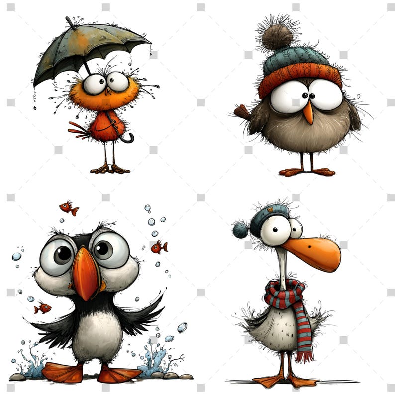 K&ouml;nnte beinhalten: Vier skurrile Cartoon-V&ouml;gel vor wei&szlig;em Hintergrund. Einer h&auml;lt einen Regenschirm, ein anderer tr&auml;gt eine Strickm&uuml;tze, ein Papageientaucher und der letzte einen Schal und eine M&uuml;tze. Jeder Vogel hat gro&szlig;e Augen und einzigartige Merkmale.