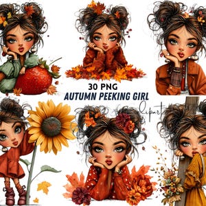 Może przedstawiać: Kolekcja 30 cyfrowych ilustracji PNG zatytułowana AUTUMN PEEKING GIRL, przedstawiająca dziewczynę z brązowymi włosami upiętymi w dwa koczki, ukazaną w różnych jesiennych sceneriach z liśćmi, słonecznikami i dyniami.