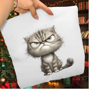 May include: White square pillow featuring a grumpy cartoon cat with gray and brown stripes. The cat has an angry expression with furrowed brows and large eyes. The pillow is held up by a hand.