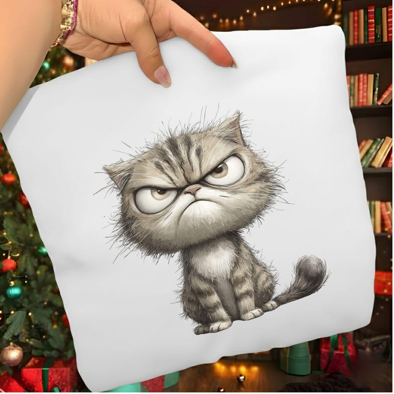 May include: White square pillow featuring a grumpy cartoon cat with gray and brown stripes. The cat has an angry expression with furrowed brows and large eyes. The pillow is held up by a hand.