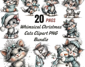 Whimsical Christmas Cats Clipart PNG Bundle | Cute Kawaii Cat Illustrations | Winter Kitty Sublimation PNGs | Christmas Cat Stickers
